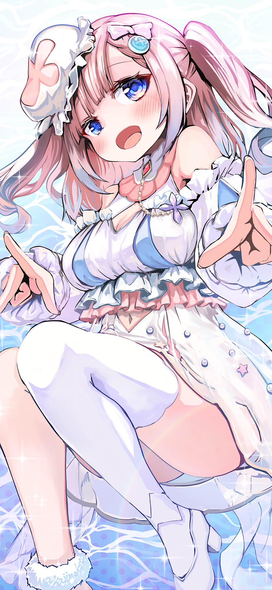 1girl beret blonde_hair blue_eyes breasts clothing_cutout detached_sleeves dress hair_ornament hairpin hat high_heels highres kajimakoto looking_at_viewer medium_breasts navel_cutout open_mouth sirahosi_awawa sleeveless sleeveless_dress smile solo thighhighs twintails varium virtual_youtuber white_dress white_footwear white_hat white_sleeves white_thighhighs