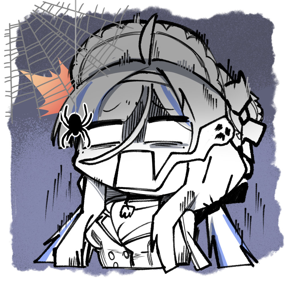 1girl arachnophobia artist_request blue_hair bug chibi chibi_only chinese_commentary color_drain girls&#039;_frontline girls&#039;_frontline_neural_cloud giving_up_the_ghost gloom_(expression) jacket millau_(neural_cloud) official_art open_mouth scared second-party_source silk solo spider spider_web surprised