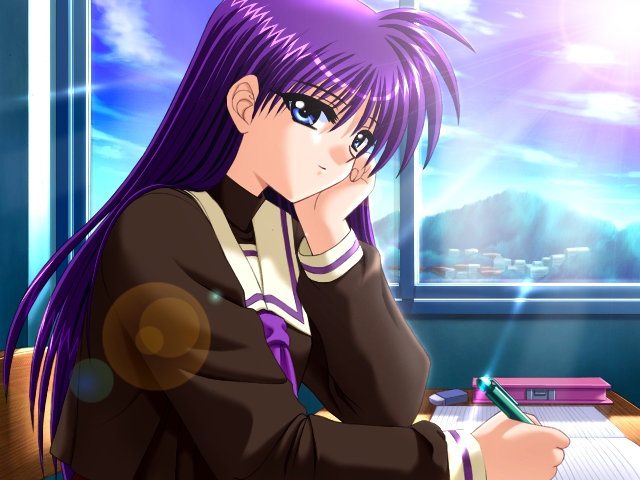 00s 1girl blue_eyes chair desk female_focus from_side game_cg head_rest indoors long_hair lyrical_nanoha mahou_shoujo_lyrical_nanoha mahou_shoujo_lyrical_nanoha_a&#039;s mahou_shoujo_lyrical_nanoha_strikers on_chair purple_hair school_uniform serafuku sky solo suzuka triangle_heart triangle_heart_3 triangle_hearts tsukimura_shinobu tsukimura_suzuka tsuzuki_maki window