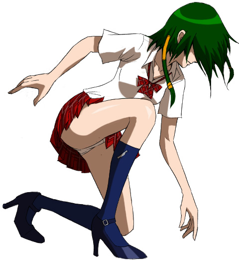 1girl alicia_(bullet_witch) alicia_(bullet_witch) alternate_costume artist_request blue_socks bow bowtie breasts bullet_witch checkered_bow checkered_bowtie checkered_clothes checkered_skirt green_hair hair_ornament high_heels kneeling medium_breasts medium_hair miniskirt mole mole_on_thigh official_alternate_costume panties peach69 pleated_skirt red_skirt school_uniform shirt short_sleeves skirt socks underwear white_panties white_shirt
