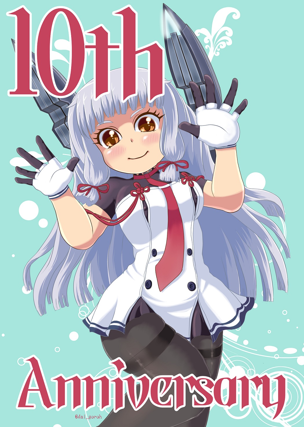 1girl anniversary aqua_background black_pantyhose dress fingerless_gloves floating_headgear gloves grey_hair hair_ribbon headgear highres kantai_collection long_hair murakumo_(kancolle) murakumo_kai_ni_(kancolle) necktie orange_eyes pantyhose red_necktie ribbon sidelocks smile solo takumiso thighband_pantyhose tress_ribbon white_dress white_gloves