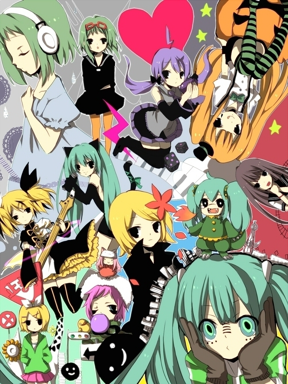 6+girls alternate_hair_color animal_ears blonde_hair brown_hair cat_ears cat_tail character_request closed_eyes goggles goggles_on_head green_hair guitar gumi hands_in_pockets hat hatsune_miku heart highres instrument kagamine_rin kagamine_rin_(melancholy) kagamine_rin_(reactor) long_hair looking_at_viewer matryoshka_(vocaloid) megurine_luka megurine_luka_(toeto) melancholic_(vocaloid) microphone mini_person minigirl mrs.pumpkin_no_kokkei_na_yume_(vocaloid) multiple_girls panda_hero_(vocaloid) purple_hair rinne_(vocaloid) roshin_yuukai_(vocaloid) short_hair smile star_(symbol) striped_clothes striped_legwear striped_thighhighs tail thighhighs toeto_(vocaloid) twintails vocaloid yowamushi_mont-blanc_(vocaloid) yumemomosaka