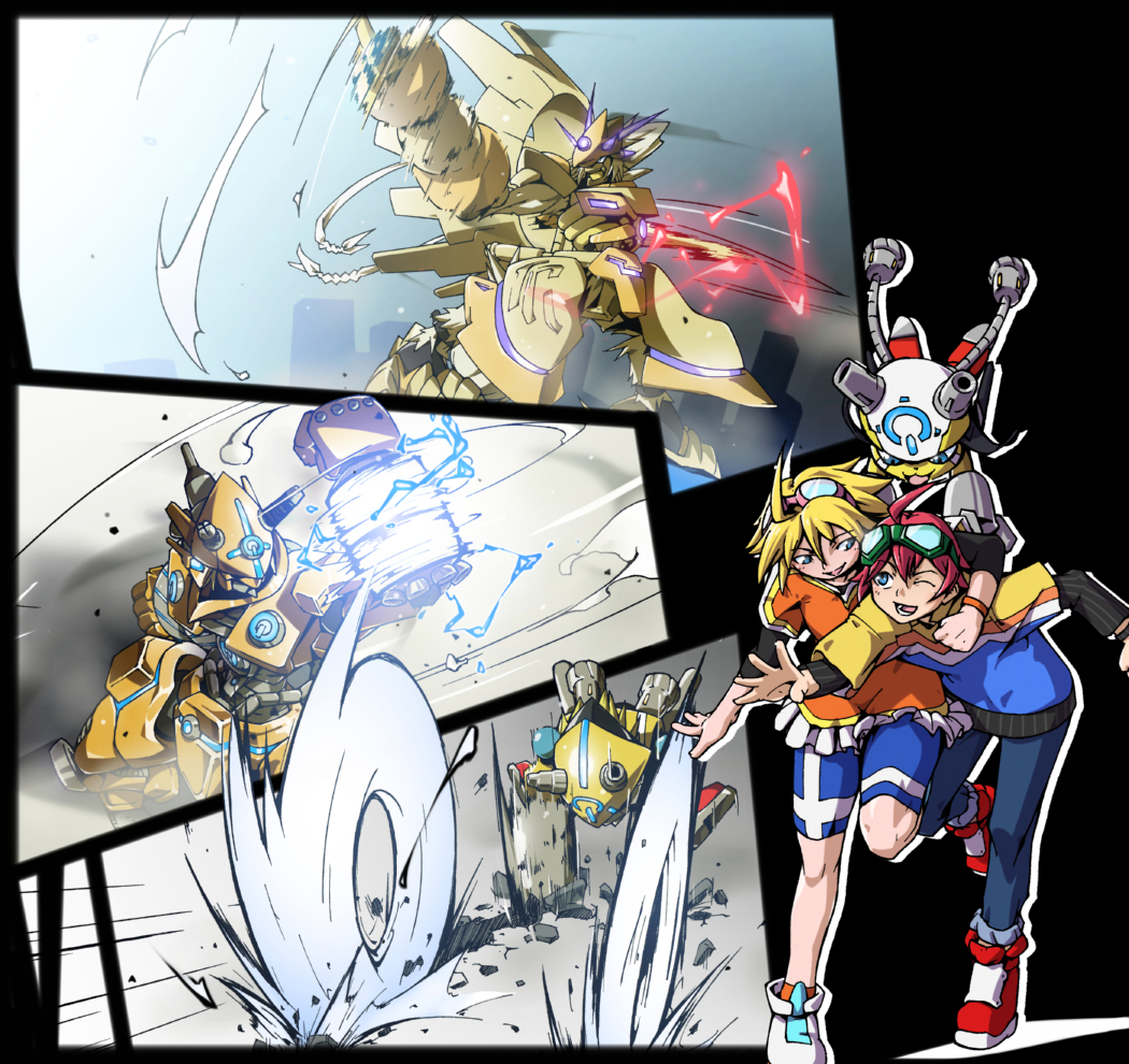 1boy 1girl blonde_hair bootmon digimon goggles goggles_on_head itsuki_(digimon) kazuki_(digimon) logimon onmon rebootmon red_hair shorts smile