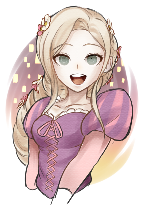 10s 1girl alternate_hairstyle bad_id bad_pixiv_id blonde_hair braid cosplay danganronpa_(series) danganronpa_2:_goodbye_despair female_focus flower green_eyes hair_flower hair_ornament long_hair open_mouth puffy_sleeves rapunzel_(disney) rapunzel_(disney)_(cosplay) runi_(geeniee25) smile solo sonia_nevermind tangled very_long_hair