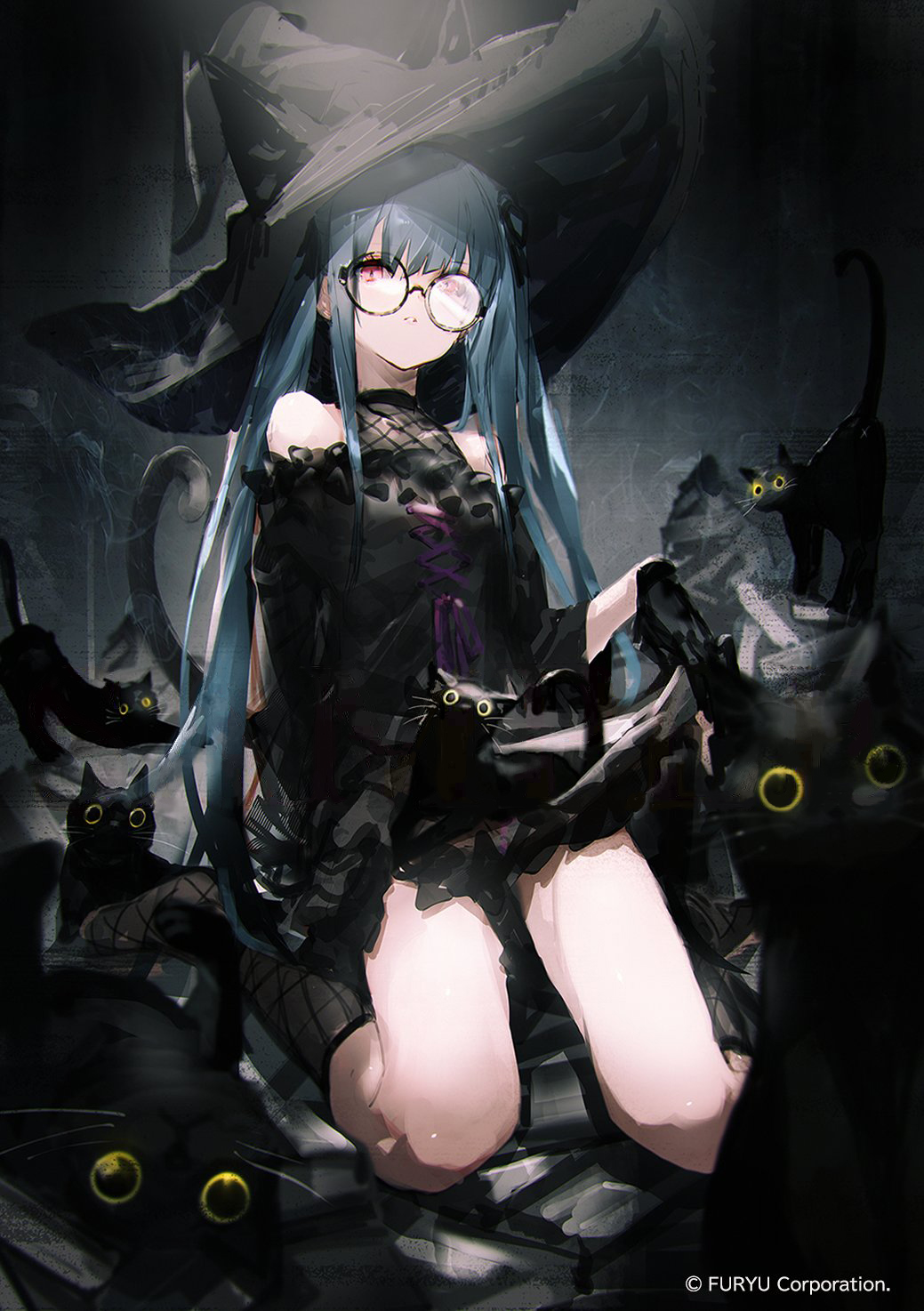 1girl bare_legs bare_shoulders black_cat blue_hair blunt_bangs cat copyright_name dark_background dress dress_shoes frilled_dress frills full_body glasses gloves gravel hand_up hat highres kneehighs long_hair monark off-shoulder_dress off_shoulder official_art parted_lips pink_eyes round_eyewear shirt sleeveless sleeveless_shirt so-bin socks squatting surugadai_kokoro very_long_hair witch_hat yellow_eyes