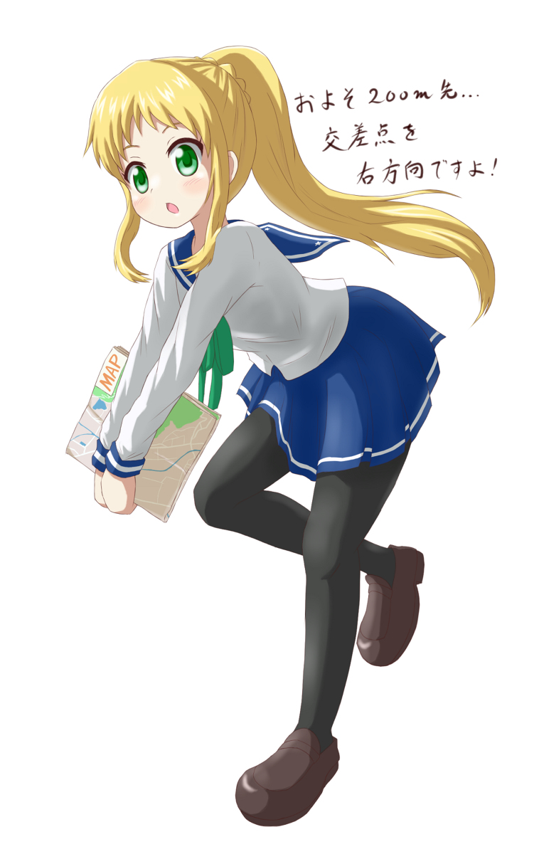 ! 1girl black_pantyhose blonde_hair blue_sailor_collar blush check_translation dot_nose female_focus full_body green_eyes highres holding holding_map inose_mai koisuru_asteroid long_sleeves looking_at_viewer map nanog_eb1994 open_mouth pantyhose ponytail sailor_collar school_uniform serafuku shirt shoes simple_background solo standing standing_on_one_leg translation_request white_background