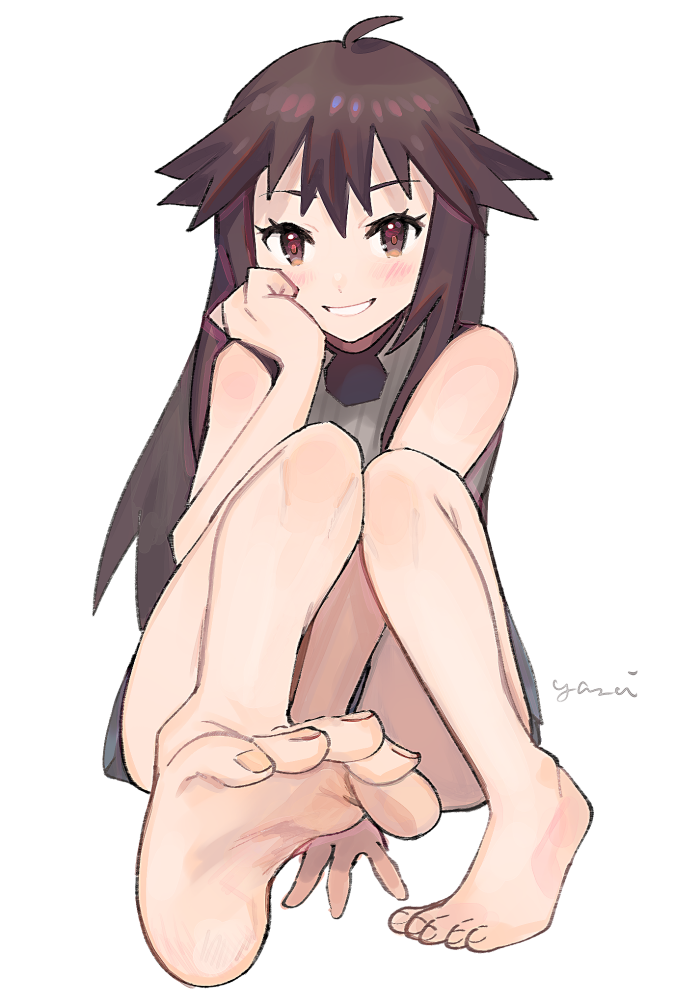 1girl antenna_hair aqua_shirt armpits bare_shoulders barefoot brown_eyes brown_hair clenched_hand clenched_teeth collarbone covering_crotch covering_privates creatures_(company) eyelashes facing_viewer feet female_focus fingernails flat_chest foot_focus full_body game_freak hand_on_own_face head_rest knees_together_feet_apart knees_up leaf_(pokemon) legs legs_together light_blush long_hair looking_at_viewer matching_hair/eyes miniskirt neck nintendo outstretched_foot parted_bangs pokemon pokemon_frlg print_shirt red_skirt seductive_smile shirt sidelocks signature simple_background sitting skirt sleeveless sleeveless_shirt smile soles teeth thighs tiptoes toe_scrunch toenails toes unworn_headwear white_background yasaikakiage
