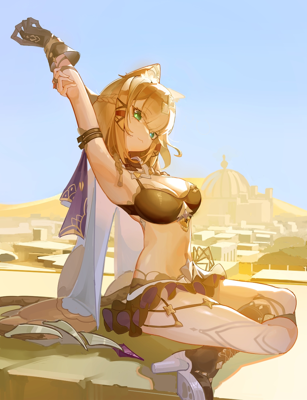 1girl :3 animal_ear_fluff animal_ears armpits arms_up asymmetrical_gloves blue_sky breasts bridal_gauntlets cat_ears cat_girl cat_tail cleavage day desert gloves green_eyes hair_ornament high_heels highres honkai_(series) honkai_impact_3rd looking_at_viewer mismatched_gloves navel pardofelis pardofelis_(reverist_calico) shuishi_tidu single_bridal_gauntlet single_glove sitting skirt sky solo stomach tail