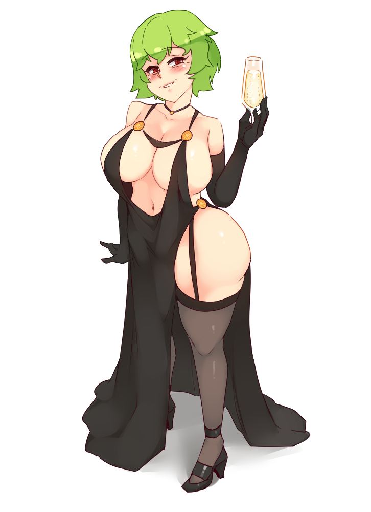 1girl alcohol alternate_costume black_dress black_gloves black_thighhighs blush breasts choker cleavage cocktail_dress collarbone cup curvy dress drinking_glass elbow_gloves evening_gown full_body garter_straps gloves green_hair high_heels holding holding_cup kazami_yuuka large_breasts looking_at_viewer navel red_eyes revealing_clothes rtil short_hair side_slit simple_background smile solo standing thick_thighs thighhighs thighs touhou white_background wide_hips