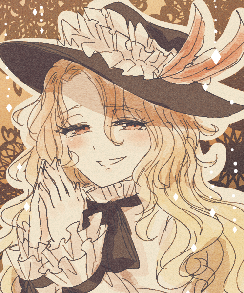 1girl blonde_hair brown_hat brown_neckwear dolls_in_pseudo_paradise eyelashes frilled_hat frills hat hat_feather jacket_girl_(dipp) long_hair long_sleeves orange_eyes owannu shirt touhou upper_body very_long_hair wavy_hair white_shirt