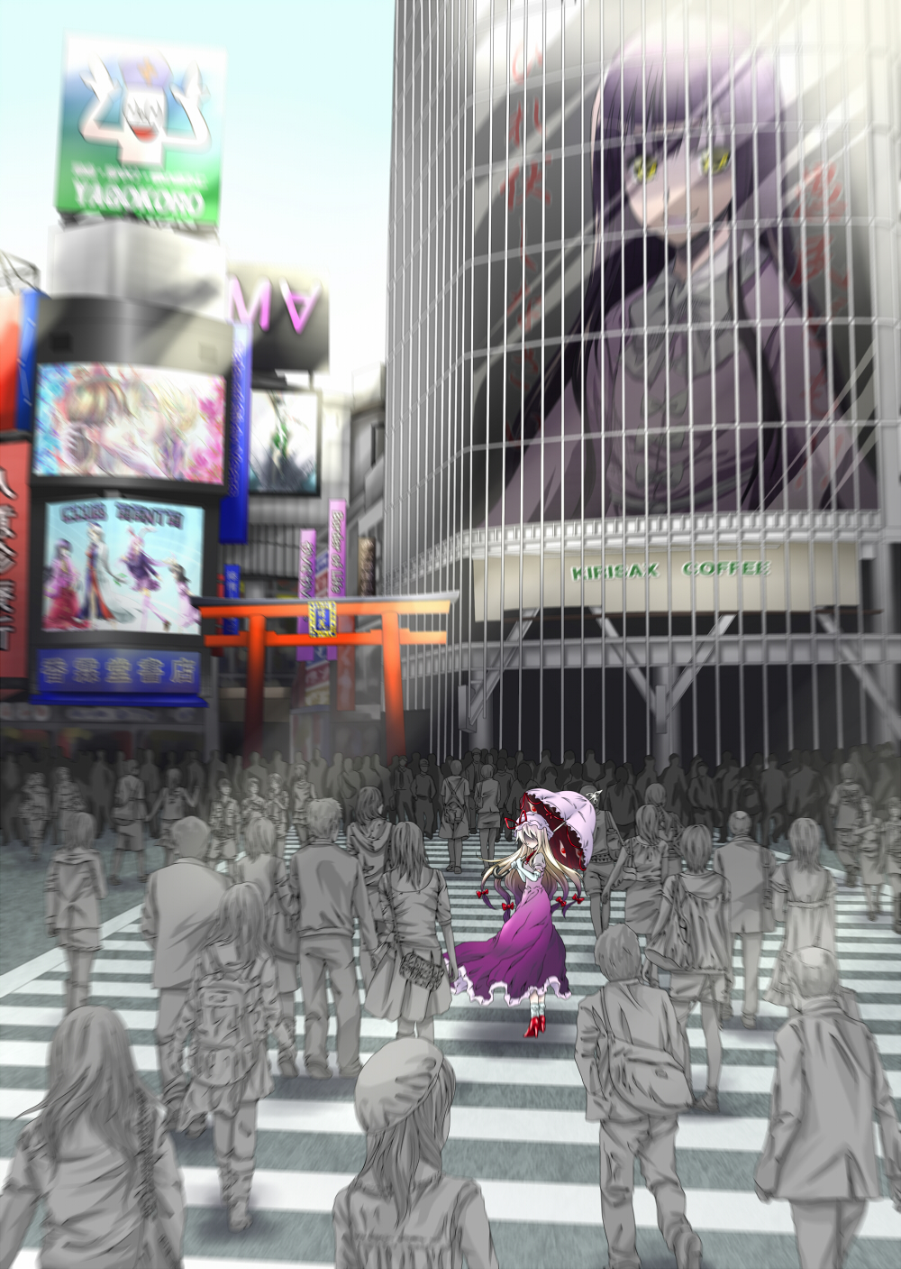 6+boys 6+girls ad alternate_costume bad_id bad_pixiv_id billboard blurry city cityscape contemporary crowd depth_of_field elbow_gloves gloves hadi hakurei_reimu highres houraisan_kaguya inaba_tewi konpaku_youmu looking_back multiple_boys multiple_girls real_world_location reisen_udongein_inaba road saigyouji_yuyuko shibuya_(156702) shibuya_(tokyo) sunlight tokyo_(city) torii touhou walking yagokoro yagokoro_eirin yakumo_yukari