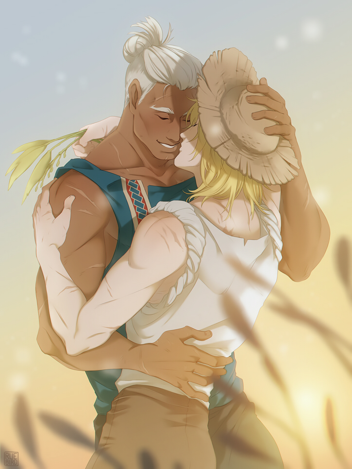 2boys arm_around_waist blonde_hair blue_tank_top brown_pants closed_eyes collarbone commentary cowboy_shot dark-skinned_male dark_skin dedue_molinaro dedue_molinaro_(timeskip) dimitri_alexandre_blaiddyd dimitri_alexandre_blaiddyd_(timeskip) english_commentary fire_emblem fire_emblem:_three_houses hand_on_another&#039;s_arm hand_on_another&#039;s_head hat interracial kiss kissing_cheek male_focus multiple_boys multiple_scars muscular muscular_male nintendo outdoors pants ruebird scar scar_on_arm shirt short_hair sky sleeves_rolled_up smile standing straw_hat tank_top teeth wheat white_hair white_shirt yaoi