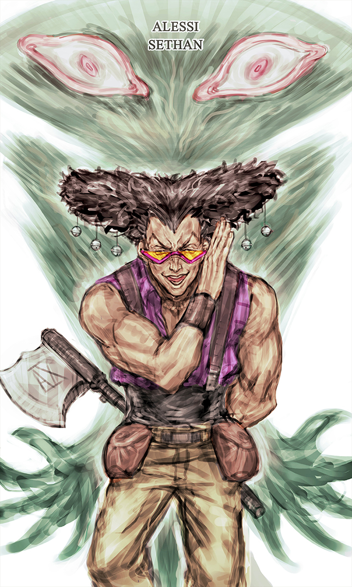 1boy alessi axe black_hair character_name gap_(pdmng) jojo_no_kimyou_na_bouken sethan_(stand) shadow simple_background stand_(jojo) sunglasses weapon