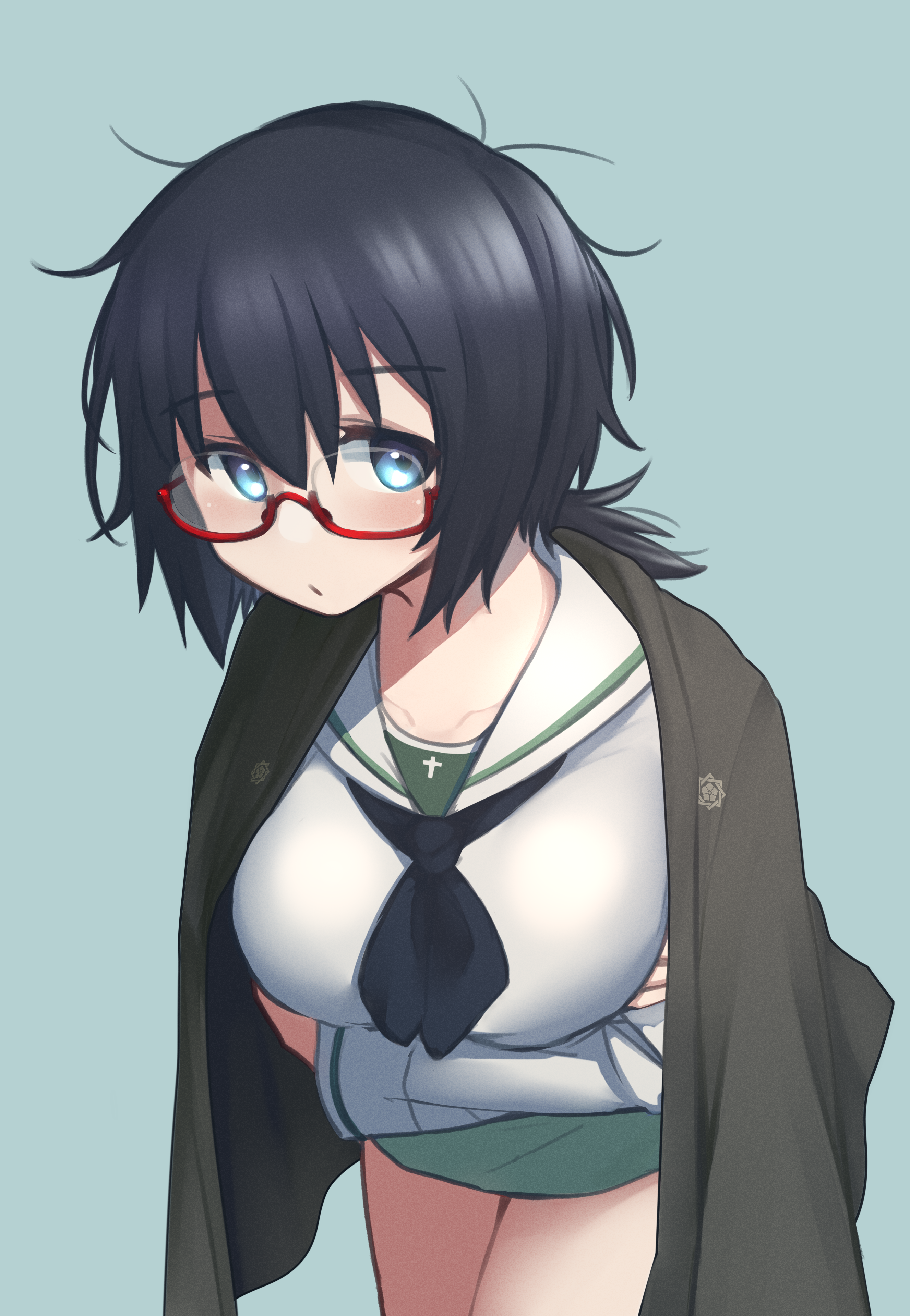 1girl absurdres black_eyes black_hair black_haori black_neckerchief blouse blue_background blush breast_hold breasts closed_mouth commentary cowboy_shot girls_und_panzer glasses green_skirt haori highres japanese_clothes large_breasts leaning_forward light_frown long_sleeves looking_at_viewer m1saki_1 medium_hair messy_hair miniskirt neckerchief ooarai_school_uniform oryou_(girls_und_panzer) pleated_skirt ponytail red-framed_eyewear sailor_collar sakamoto_clan_(emblem) school_uniform semi-rimless_eyewear serafuku shirt short_ponytail simple_background skirt solo standing under-rim_eyewear white_sailor_collar white_shirt