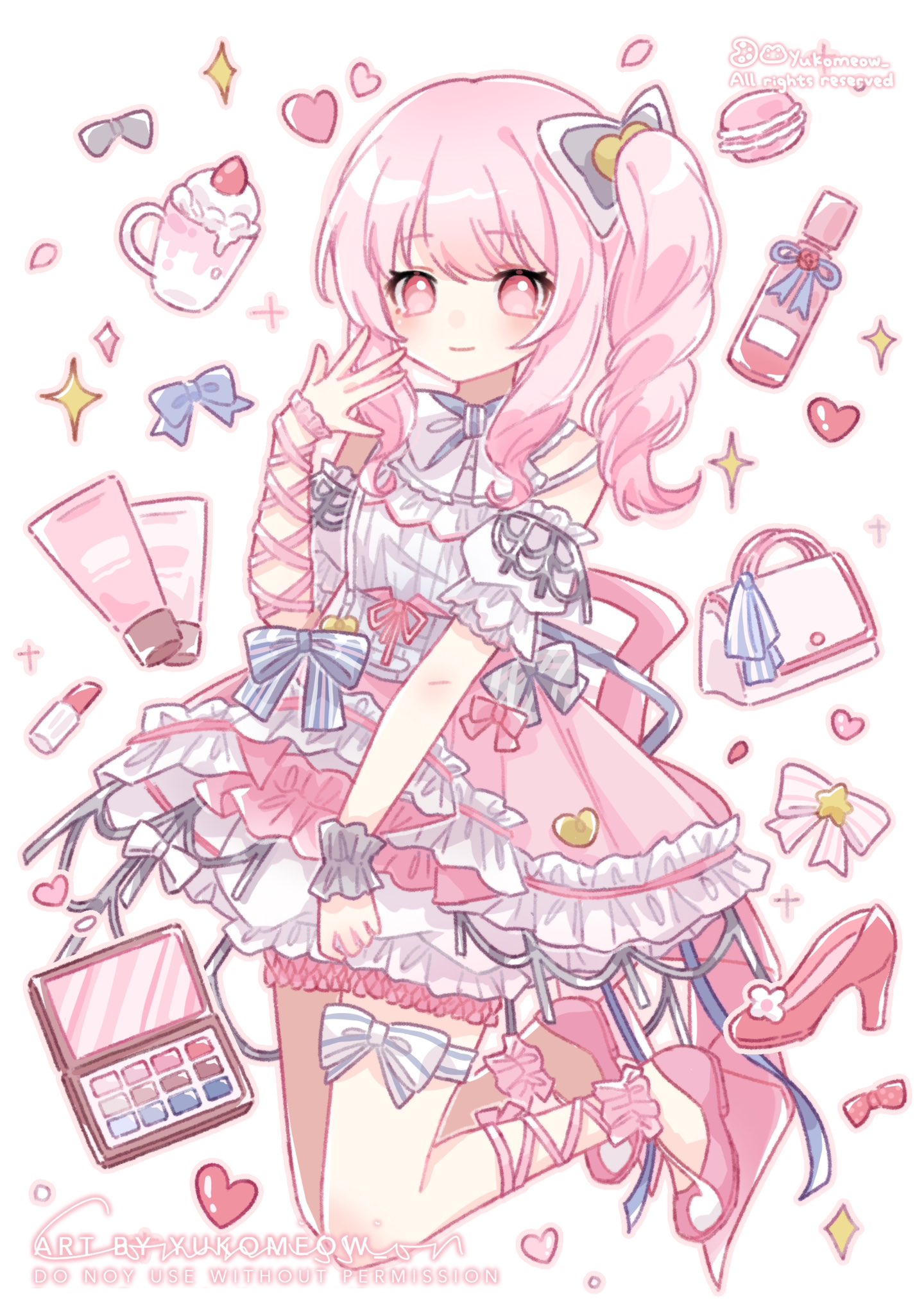 1other \||/ akiyama_mizuki anklet arm_ribbon artist_name back_ribbon bag black_bow blue_ribbon bottle bow closed_mouth commentary copyright_notice cosmetics cup detached_sleeves dress dress_ribbon feet_up food frilled_anklet frilled_dress frilled_sleeves frilled_wrist_cuffs frills fruit full_body grey_ribbon hair_between_eyes hair_ribbon hand_up handbag heart high_heels high_side_ponytail highres jewelry leg_ribbon lipstick_tube long_hair low_block_heels macaron makeup_palette mug neck_ribbon net official_alternate_costume outline perfume_bottle petticoat pink_dress pink_eyes pink_hair pink_outline pink_ribbon pink_shoes pink_theme polka_dot polka_dot_bow project_sekai ribbon secret_distance_(project_sekai) shoes sidelocks skirt sleeveless sleeveless_dress smile solo sparkle star_(symbol) strawberry striped_ribbon suspender_skirt suspenders swept_bangs thigh_ribbon three_quarter_view two-tone_dress white_background white_dress white_ribbon wrist_cuffs yukomeow