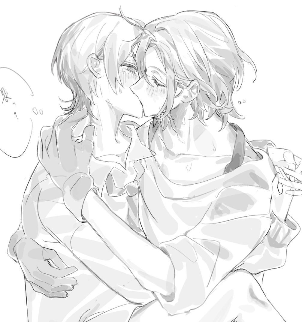 1boy 1girl amate_yuzuriha blush closed_eyes commentary french_kiss gloves greyscale gundam gundam_gquuuuuux hetero hug kiss monochrome necktie sa4gs3 shirt short_hair shuji_ito simple_background speech_bubble thought_bubble white_background