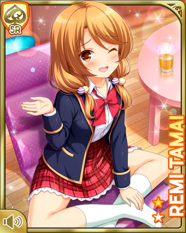 1girl ;d bedroom blazer blue_jacket bow bowtie brown_eyes brown_hair card_(medium) day girlfriend_(kari) jacket looking_at_viewer low_twintails official_art one_eye_closed open_clothes open_jacket open_mouth outdoors plaid_clothes plaid_skirt pleated_skirt qp:flapper red_bow red_skirt school_uniform shirt sitting skirt smile socks solo table tagme tamai_remi twintails white_shirt