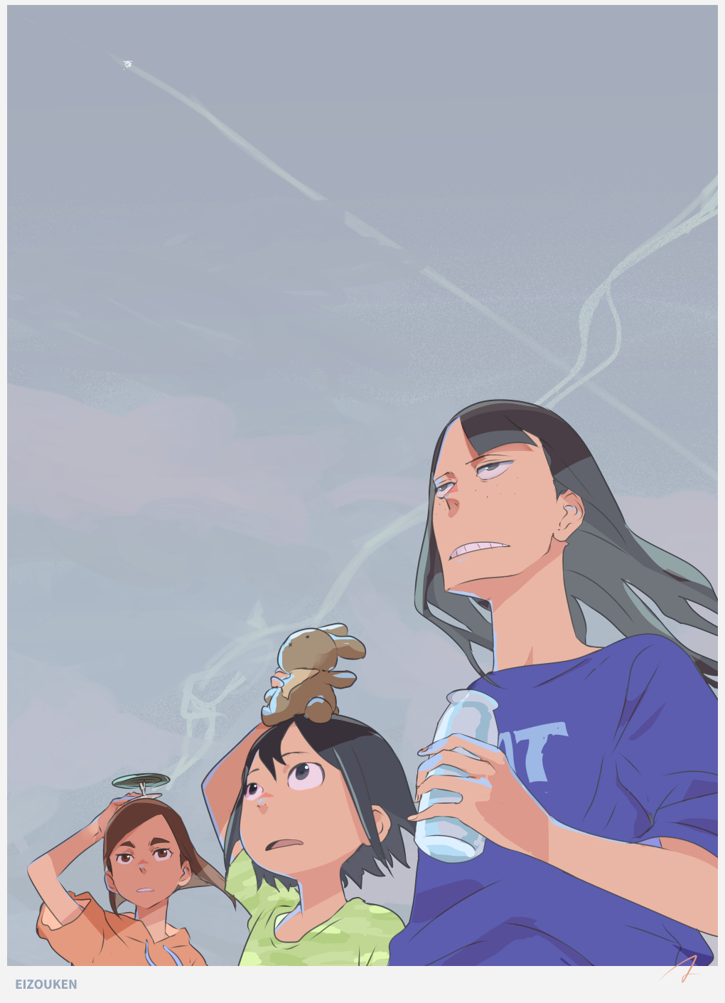 3girls asakusa_midori asymmetrical_bangs black_hair blue_skirt bob_cut border bottle brown_hair camouflage camouflage_shirt clothes_writing commentary copyright_name eizouken_ni_wa_te_wo_dasu_na! floating_hair freckles glass_bottle highres holding holding_bottle hood hoodie inverted_bob kanamori_sayaka looking_ahead matahei mizusaki_tsubame multiple_girls orange_hoodie shirt short_hair skirt sky stuffed_animal stuffed_rabbit stuffed_toy white_border
