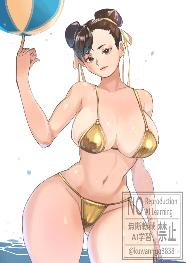 1girl arm_at_side ball bare_arms bare_legs beachball bikini breasts brown_eyes brown_hair capcom chun-li cleavage collarbone commentary_request double_bun gluteal_fold gold_bikini hair_bun hand_up index_finger_raised kuwango large_breasts navel solo street_fighter swimsuit thick_thighs thighs yellow_bikini