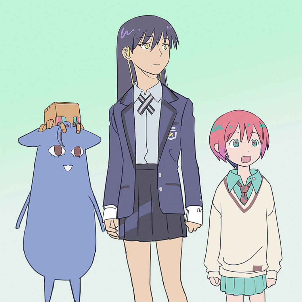 1boy 2girls :3 amate_yuzuriha aqua_eyes azumanga_daiou black_hair brown_eyes collared_shirt gradient_background green_background grey_background gundam gundam_gquuuuuux jacket long_hair long_sleeves lower_eyelashes_only mrtoen multiple_girls necktie non-humanoid_robot nyaan_(gundam_gquuuuuux) open_mouth parody red_hair robot school_uniform shirt short_hair shuji_ito simple_background skirt smile sweater wireless_earphones yellow_eyes
