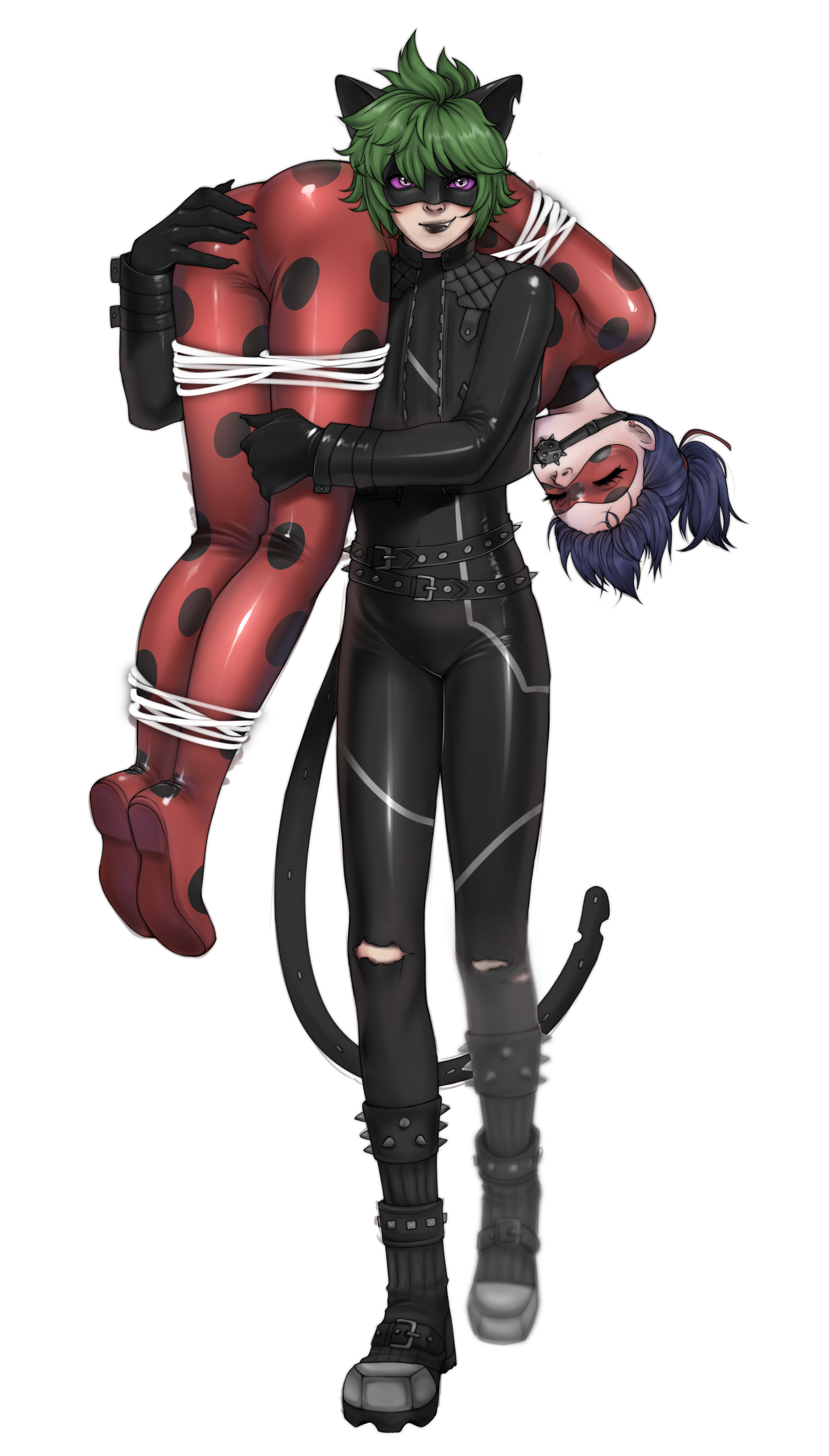 1boy 1girl absurdres adrien_agreste animal_ears bad_tag bdsm black_lips blue_hair bodysuit bondage bound cat_ears claw_noir defeat earrings gag gagged green_hair hand_on_another's_butt highres jewelry keiori_(keiorix) kidnapping ladybug_(character) marinette_dupain-cheng mask miraculous_ladybug purple_eyes short_hair simple_background twintails