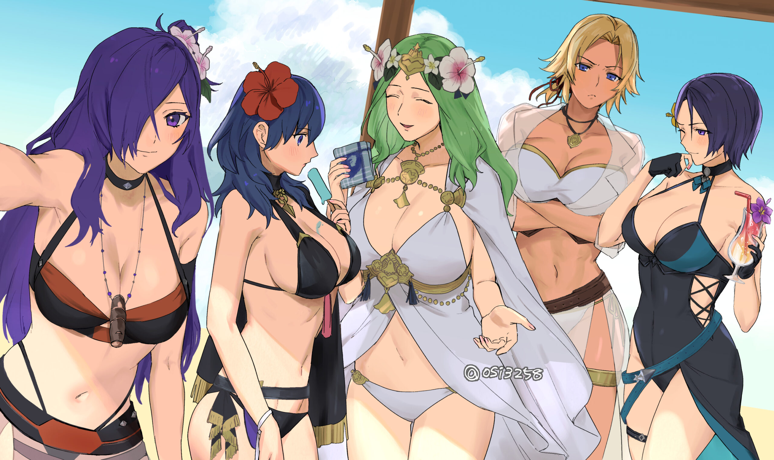 5girls bare_shoulders beach bikini black_bikini black_choker black_one-piece_swimsuit blonde_hair blue_eyes blue_hair breasts casual_one-piece_swimsuit catherine_(fire_emblem) catherine_(summer)_(fire_emblem) choker cleavage commentary_request covered_navel female_byleth_(fire_emblem) female_byleth_(summer)_(fire_emblem) female_shez_(fire_emblem) female_shez_(summer)_(fire_emblem) fire_emblem fire_emblem:_three_houses fire_emblem_heroes fire_emblem_warriors:_three_hopes flower green_hair hair_between_eyes hair_flower hair_ornament hair_over_one_eye hibiscus highres large_breasts long_hair midriff multiple_girls navel nintendo official_alternate_costume one-piece_swimsuit open_mouth purple_eyes purple_hair rhea_(fire_emblem) rhea_(summer)_(fire_emblem) shamir_nevrand shamir_nevrand_(summer) short_hair smile stomach swimsuit ushiomi white_bikini yellow_flower
