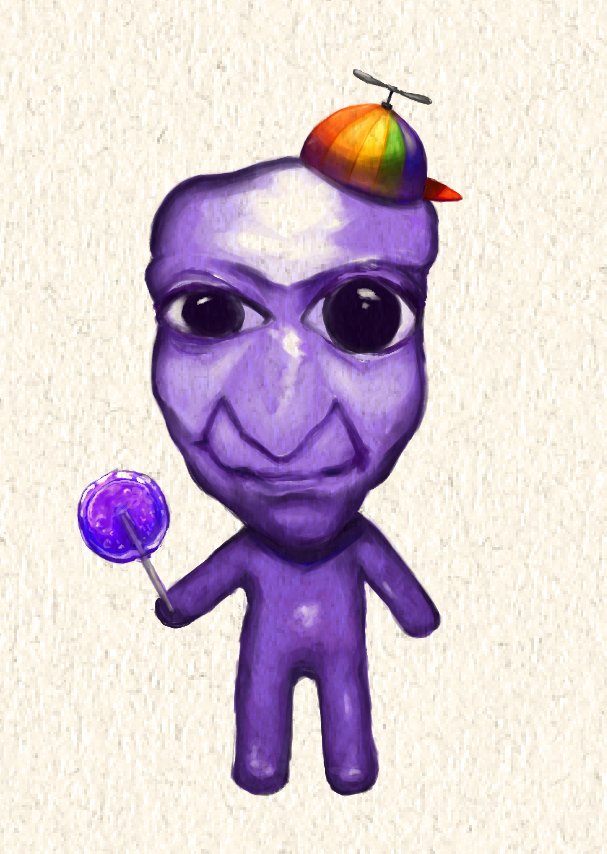 1boy angelfaise ao_oni big_nose candy closed_mouth food holding holding_candy holding_food holding_lollipop lollipop no_genitals nude paper_texture propeller_hat simple_background smile solo the_oni_(ao_oni) tilted_headwear uneven_eyes