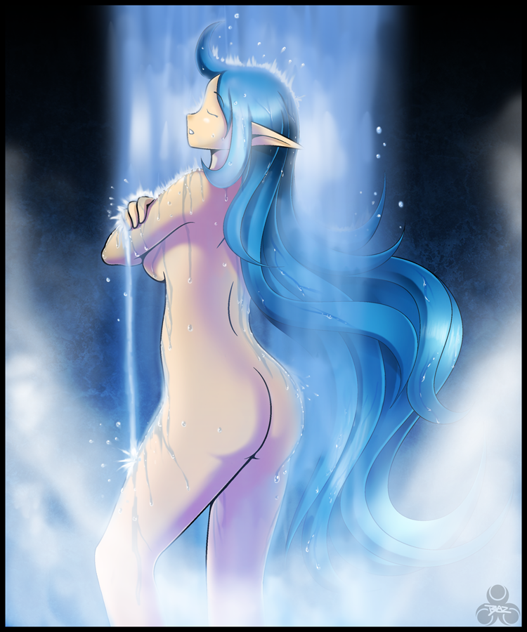 1girl ass blazbaros blue_hair breasts closed_eyes female_focus from_behind gradient_background long_hair nayru nintendo nude outdoors solo the_legend_of_zelda the_legend_of_zelda:_oracle_of_ages washing water waterfall wet