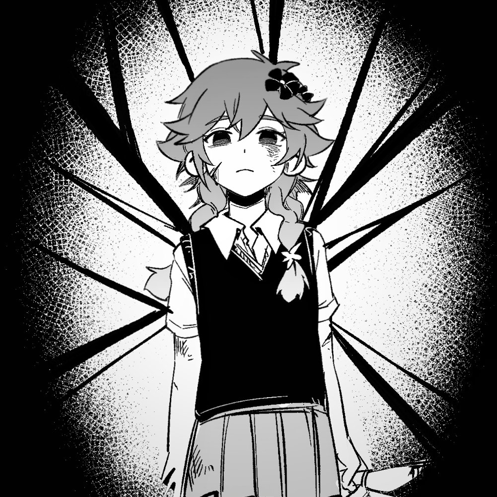 1girl basil_(faraway)_(omori) basil_(omori) braid closed_mouth collared_shirt expressionless flower genderswap genderswap_(mtf) greyscale hair_flower hair_ornament long_hair looking_at_viewer monochrome niu_tata omori pleated_skirt shirt short_sleeves skirt solo something_(omori) spoilers sweater_vest twin_braids