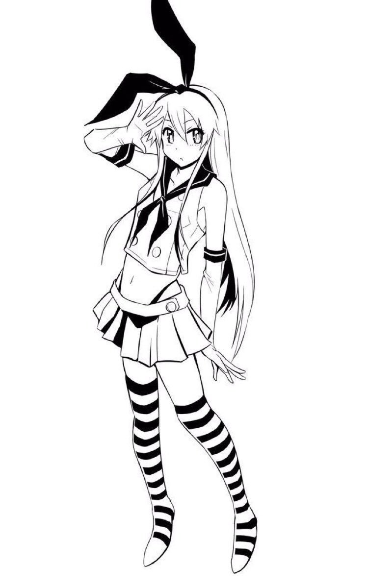 1girl animal_ears commentary_request crop_top elbow_gloves fake_animal_ears female_focus gloves greyscale hair_between_eyes hairband hand_up highres inoue_kousei kantai_collection long_hair monochrome navel neckerchief pleated_skirt rabbit_ears school_uniform serafuku shimakaze_(kancolle) shirt skirt sleeveless sleeveless_shirt solo striped_clothes striped_thighhighs thighhighs very_long_hair white_background