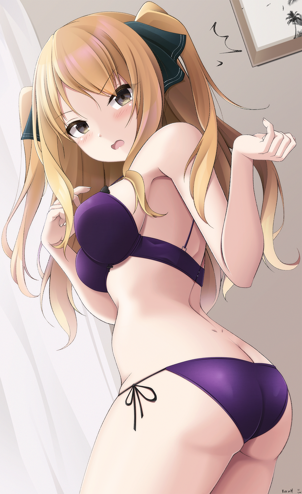1girl ao_no_kanata_no_four_rhythm black_ribbon blonde_hair blush bra breasts brown_eyes butt_crack dimples_of_venus hair_ribbon highres keenh long_hair looking_at_viewer medium_breasts open_mouth panties purple_bra purple_panties ribbon satouin_reiko side-tie_panties solo surprised underwear underwear_only