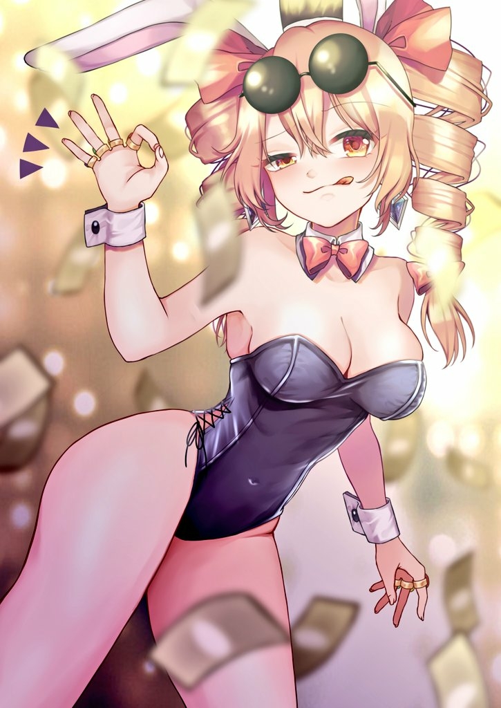 1girl animal_ears bare_legs black_leotard blonde_hair blurry bow bowtie breasts cleavage commentary_request depth_of_field detached_collar drill_hair eyewear_on_head female_focus jewelry leaning_forward leotard long_hair looking_at_viewer money money_gesture orange_bow orange_bowtie orange_eyes playboy_bunny rabbit_ears rabbit_girl rabbit_tail ring rnkgmn solo standing strapless strapless_leotard sunglasses sunglasses_on_head tail tongue tongue_out touhou twin_drills wrist_cuffs yorigami_jo&#039;on