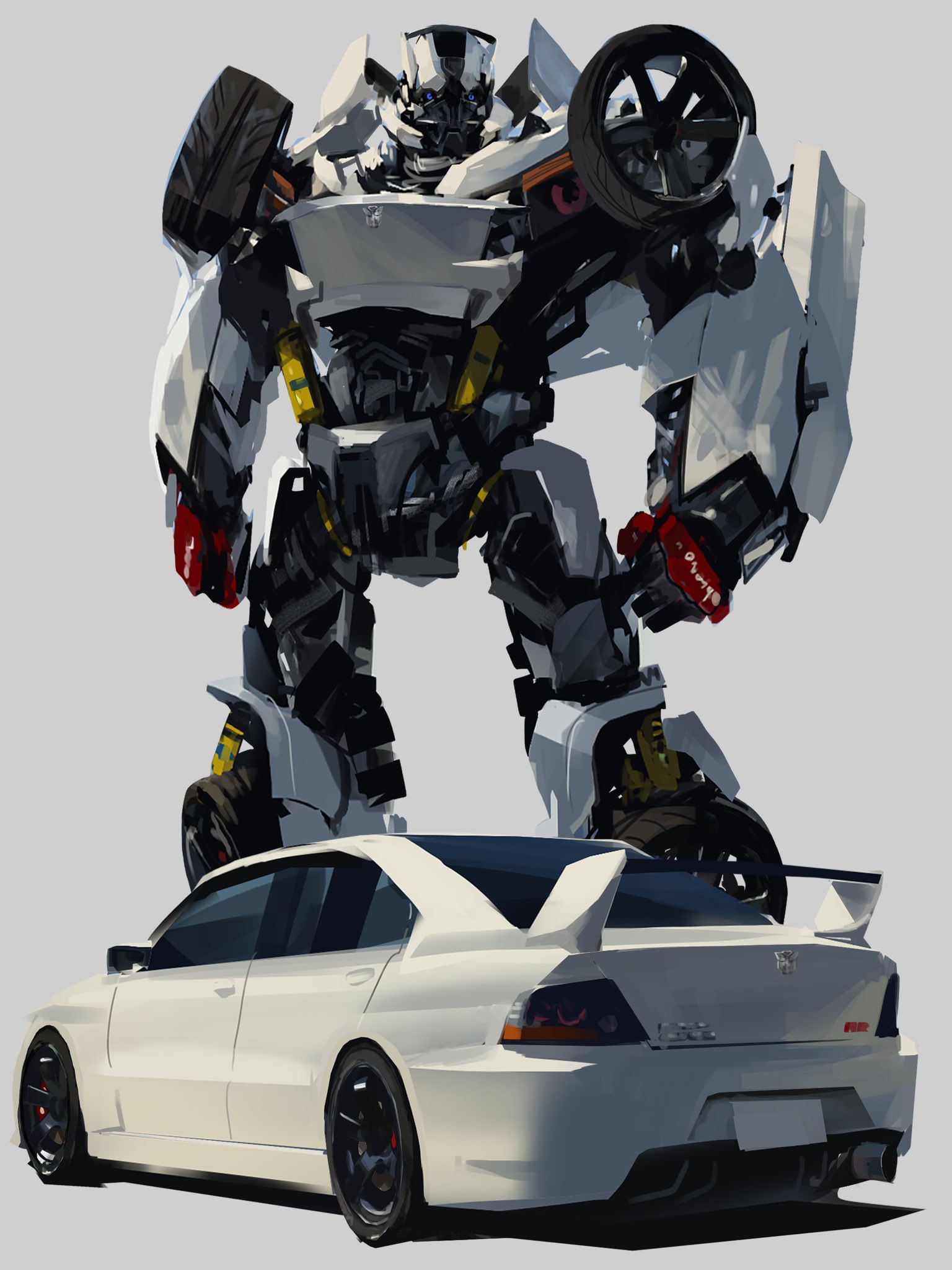arms_at_sides autobot blue_eyes car highres mecha mitsubishi_lancer_evolution motor_vehicle no_humans original rintaro_komori robot science_fiction simple_background spoiler_(automobile) standing transformers vehicle_focus white_background white_car