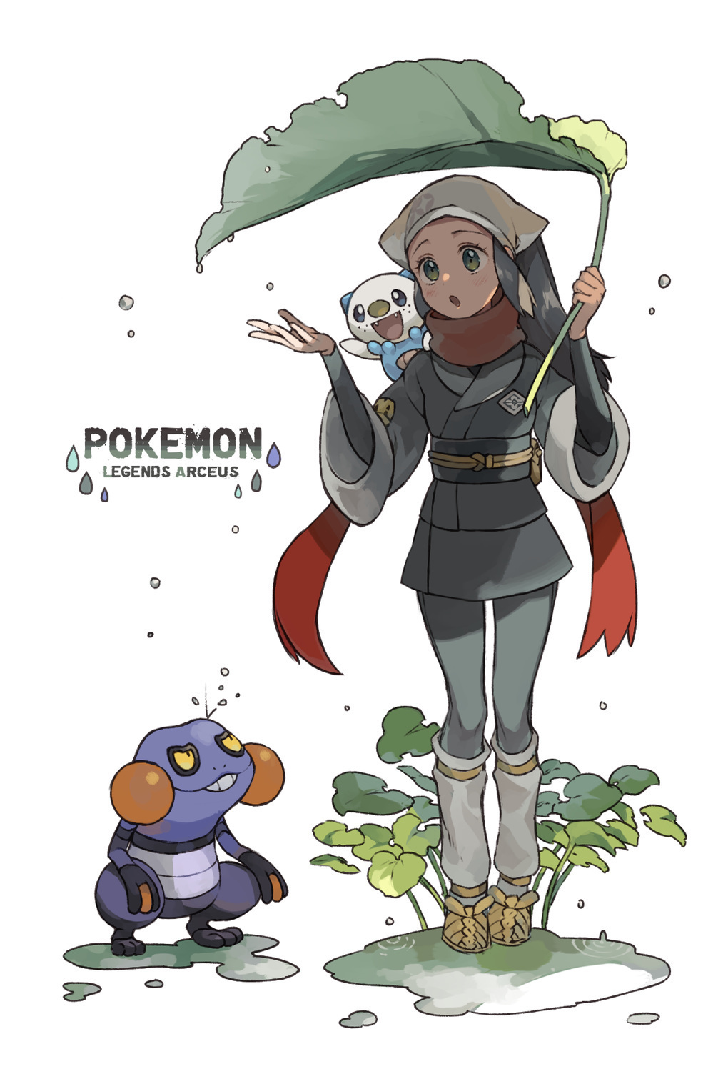 1girl :o akari_(pokemon) black_hair blush brown_footwear commentary croagunk eyelashes gen_4_pokemon gen_5_pokemon grey_eyes grey_headwear grey_jacket grey_pantyhose grey_skirt hands_up headscarf highres holding holding_leaf jacket leaf long_hair loose_socks nintendo oshawott pantyhose pokemon pokemon_(creature) pokemon_legends:_arceus ponytail puddle sasairebun sash shirt shoes sidelocks skirt socks standing symbol-only_commentary water_drop white_headscarf white_pantyhose