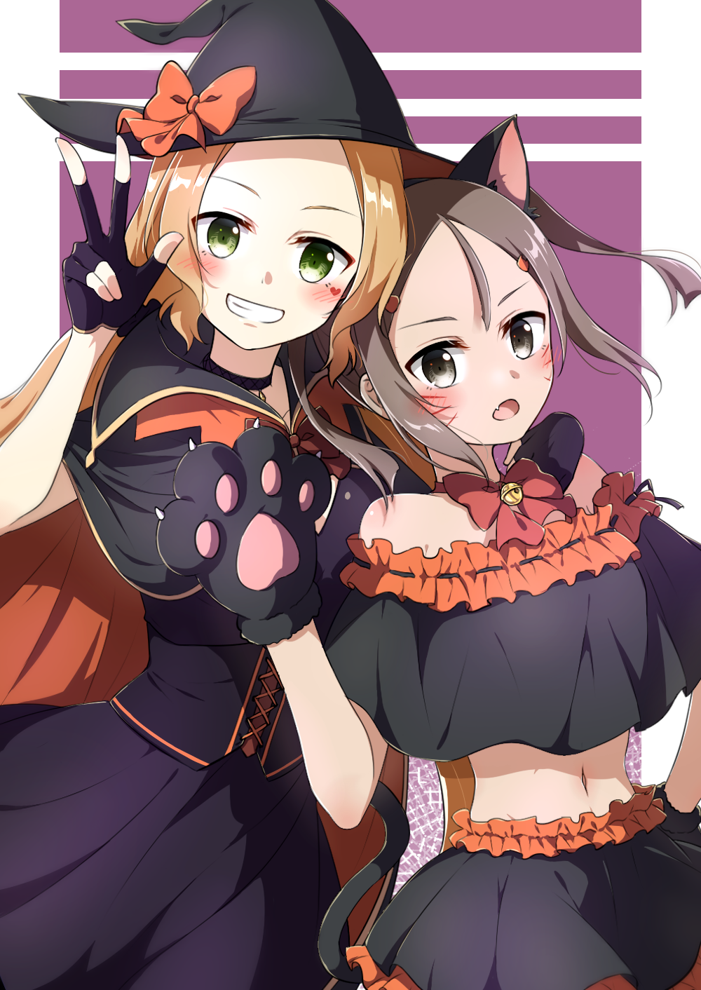 2girls animal_ears animal_hands black_cape black_gloves black_hairband black_skirt blonde_hair blush bow bowtie brown_hair cape cat_ears eda_udon fake_animal_ears fang fingerless_gloves floating_hair gloves green_eyes grin hairband halloween halloween_costume hat hat_bow highres inubouzaki_fuu layered_skirt midriff miyoshi_karin multiple_girls navel open_mouth orange_bow paw_gloves purple_bustier purple_skirt red_bow red_bowtie skin_fang skirt smile standing stomach twintails w witch witch_hat yuuki_yuuna_wa_yuusha_de_aru yuusha_de_aru