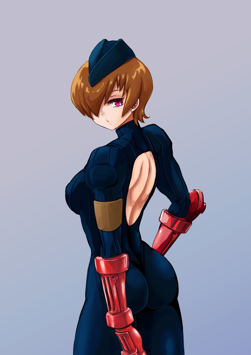 1girl armband ass breasts brown_hair closed_mouth covered_navel garrison_cap gauntlets hair_bun hair_over_one_eye hat highleg highleg_leotard juni_(street_fighter) leotard lips long_sleeves looking_at_viewer medium_breasts pantyhose purple_background purple_eyes ribbed_leotard shadaloo_dolls short_hair simple_background single_hair_bun skin_tight solo street_fighter street_fighter_zero_(series) turtleneck yamasan_(hachiman)