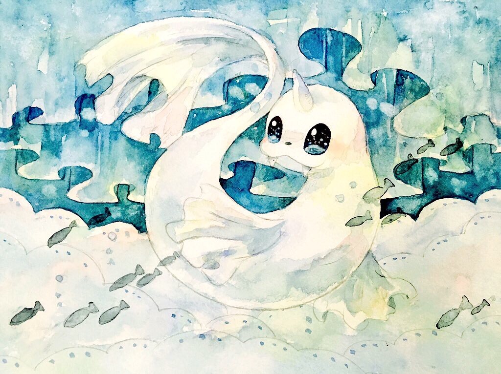 animal_focus black_eyes curtains dewgong fangs fish full_body gen_1_pokemon horns nintendo no_humans non_(kumakawayusu) painting_(medium) pokemon pokemon_(creature) single_horn solo traditional_media watercolor_(medium)