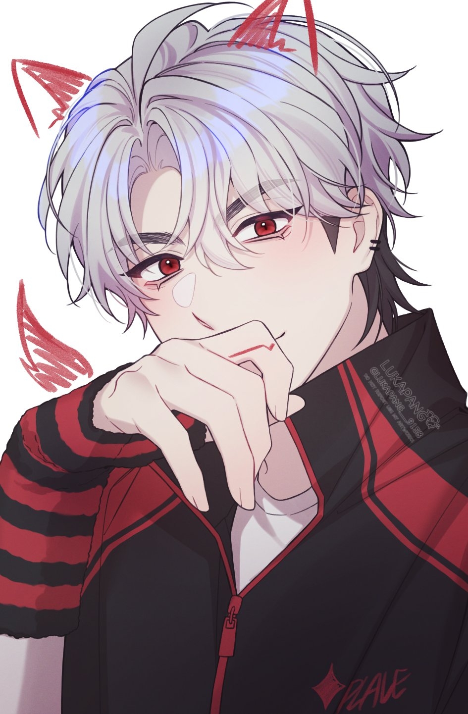 1boy arm_warmers black_jacket covering_own_mouth drawn_ears eunho_(plave) hair_between_eyes hand_over_own_mouth high_collar highres jacket k-pop looking_at_viewer lukapang male_focus military parted_bangs plave red_eyes short_hair simple_background solo striped_arm_warmers upper_body white_background white_hair