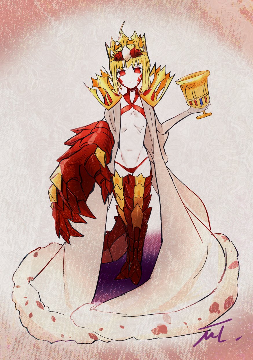 1girl ahoge armored_legwear blonde_hair braid chalice closed_mouth crown cup dragon_claw dragon_tail facial_mark fate/grand_order fate/grand_order_arcade fate_(series) full_body gem gold_crown highres holding holding_cup looking_at_viewer mmmpsychedelic138 nero_claudius_(fate) no_nose panties queen_draco_(fate) queen_draco_(second_ascension)_(fate) red_eyes red_panties robe scales short_hair signature solo standing tail underwear white_gemstone white_robe