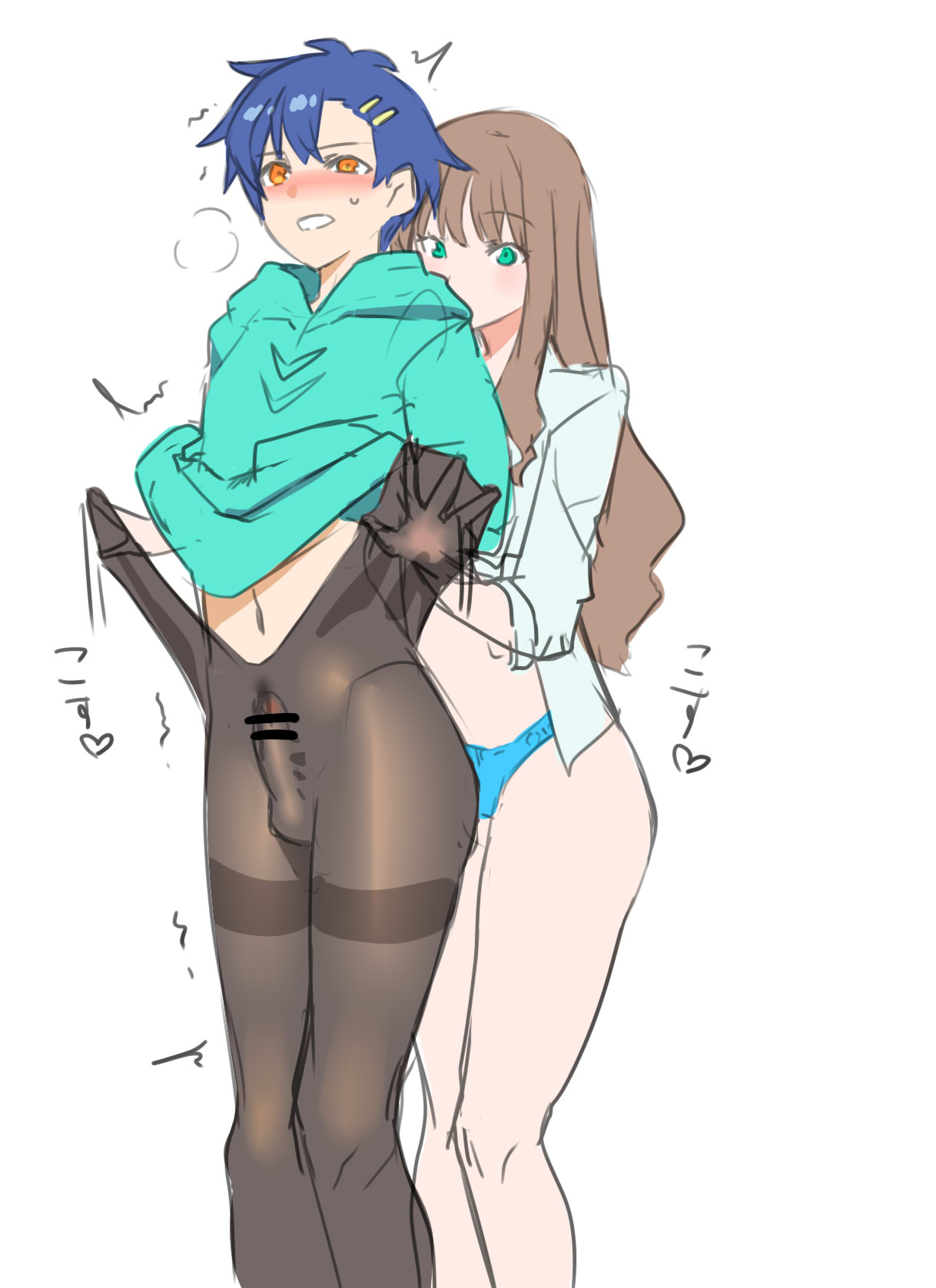 1boy 1girl asanaka_yomogi bar_censor bare_legs blue_hair bulge censored clothes_pull crossdressing dressing_another gridman_universe highres long_hair medium_hair minami_yume pantyhose pantyhose_pull penis penis_in_pantyhose small_penis ssss.dynazenon ssss.gridman testicles thighband_pantyhose trap ukimukai very_long_hair