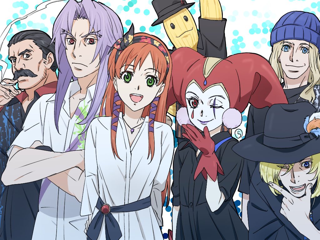 2girls 5boys breasts casual chrono_cross closed_mouth doc_(chrono_cross) facepaint fargo_(chrono_cross) gloves green_eyes harlequin hat jester_cap jewelry karsh long_hair looking_at_viewer lucky_dan multiple_boys multiple_girls necklace open_mouth orange_hair pierre_(chrono_cross) red_eyes red_gloves leena_(chrono_cross) smile smoking harle_(chrono_cross)