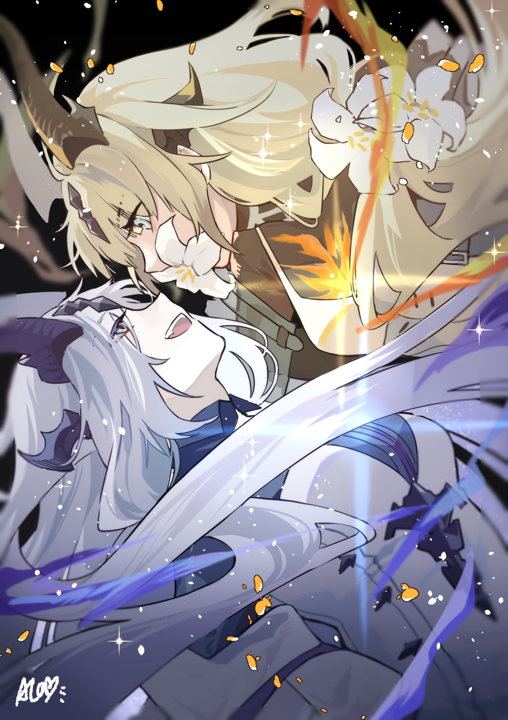 2girls arknights black_shirt blonde_hair blue_eyes breasts collared_shirt commentary dragon_girl dragon_horns dress necrass_(arknights) english_commentary eye_contact fire flower flower_over_mouth glowing green_eyes hair_flower hair_ornament highres horns lens_flare light_particles long_hair looking_at_another medium_breasts multiple_girls open_mouth puyue reed_(arknights) shirt siblings signature sisters sparkle teeth upper_body upper_teeth_only very_long_hair white_dress white_flower white_hair