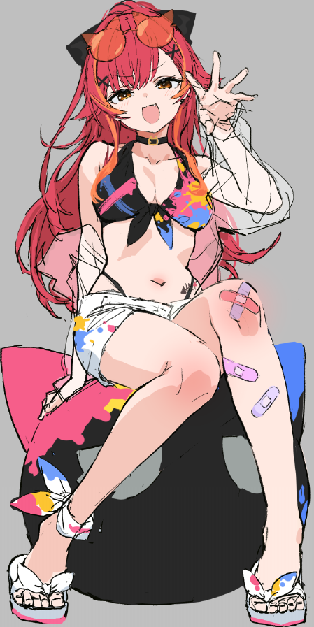1girl bandaid bandaid_on_leg choker glasses izumi_sai navel nekota_tsuna red_hair sitting sketch swimsuit virtual_youtuber vspo!