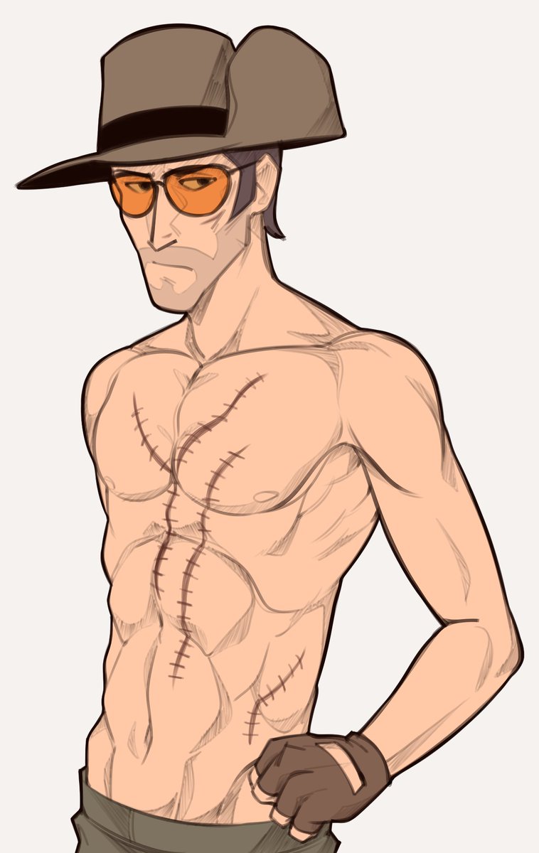 1boy :| abs bad_id bad_twitter_id beard_stubble black-framed_eyewear brown_gloves brown_hair brown_hat brown_pants closed_mouth commentary cowboy_shot english_commentary expressionless facial_hair fingerless_gloves fujimna gloves hat highres looking_to_the_side male_focus multiple_scars mustache_stubble navel nipples orange-tinted_eyewear pants scar scar_on_chest scar_on_stomach short_hair simple_background sniper_(tf2) solo stitches stubble sunglasses team_fortress_2 tinted_eyewear toned toned_male topless_male very_short_hair white_background