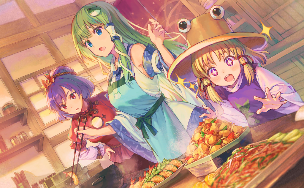 +_+ 3girls animal_print apron arm_up autumn_leaves bare_shoulders black_skirt blue_apron blue_eyes blue_trim blunt_bangs bow bracelet brown_headband brown_headwear chopsticks collared_shirt cooking_pot detached_sleeves drooling dutch_angle food food_request frilled_sleeves frills frog_hair_ornament frog_print frown frying_pan game_cg green_bow green_hair green_sash hair_bun hair_ornament hair_ribbon hair_tubes hand_on_own_hip hat headband height_difference holding holding_chopsticks indoors jewelry kochiya_sanae layered_sleeves leaf leaf_hair_ornament light_blush light_frown long_hair long_sleeves medium_hair mirror moriya_suwako moryo multiple_girls official_art open_mouth plate puffy_short_sleeves puffy_sleeves purple_eyes purple_hair purple_vest rabbit_print red_eyes red_ribbon red_shirt ribbon rope sash shimenawa shirt short_over_long_sleeves short_sleeves shrimp single_hair_bun single_hair_tube single_sidelock skirt sleeveless sleeveless_shirt smile snake_hair_ornament sparkle steam table teeth tempura touhou touhou_cannonball turtleneck upper_teeth_only v-shaped_eyebrows vest waist_bow white_shirt white_sleeves wide_sleeves yasaka_kanako
