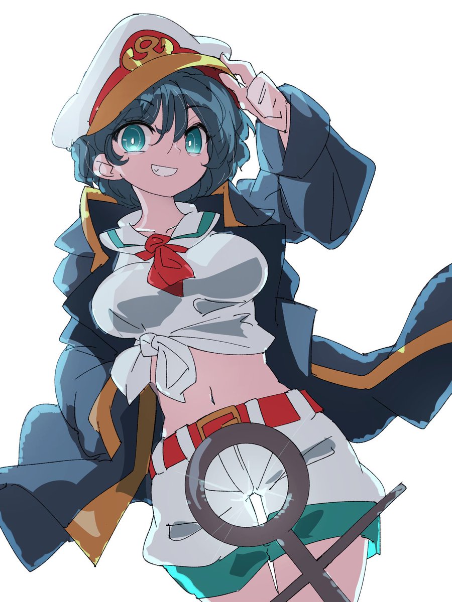 1girl anchor anchor_symbol aqua_eyes belt belt_buckle black_coat black_hair buckle coat collared_shirt cowboy_shot gold_trim grin hat hat_tip highres impossible_clothes looking_at_viewer midriff murasa_minamitsu navel neckerchief red_neckerchief ryouryou shirt short_hair shorts smile solo tied_shirt touhou white_background white_hat white_shirt white_shorts