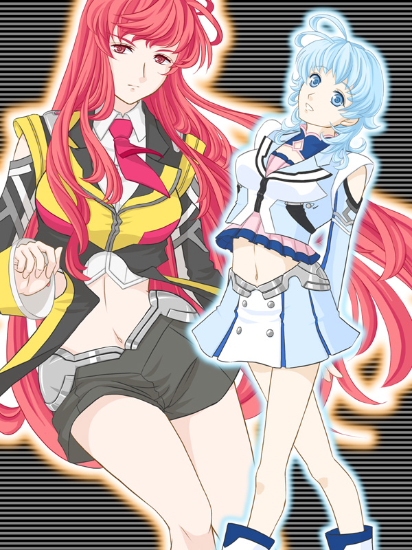 2girls ahoge al-3_alice banpresto blue_eyes blue_hair detached_sleeves hl-0_haruno long_hair midriff multiple_girls necktie ralsaz red_eyes red_hair shorts skirt super_robot_wars super_robot_wars_l uniform