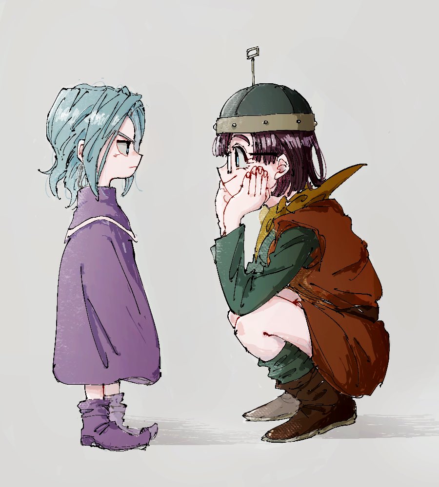 1boy 1girl amakekke aqua_hair blunt_bangs blunt_ends boots brown_boots brown_tunic child chrono_trigger full_body furrowed_brow glasses grey_background grey_shirt grey_socks hands_on_own_cheeks hands_on_own_face helmet janus_zeal lucca_ashtear medium_hair neckerchief purple_boots purple_hair purple_robe robe shirt smile socks squatting tunic yellow_neckerchief