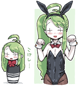 +_+ 1girl animal_ears black_leotard blush bow bowtie brown_pantyhose collar colored_skin cowboy_shot detached_collar fake_animal_ears flat_chest green_hair leotard long_hair lowres man_(man-room) open_mouth pantyhose playboy_bunny rabbit_ears red_bow red_bowtie simple_background smile strapless strapless_leotard tone_sphere translation_request trin_(tone_sphere) white_background white_collar white_skin wrist_cuffs