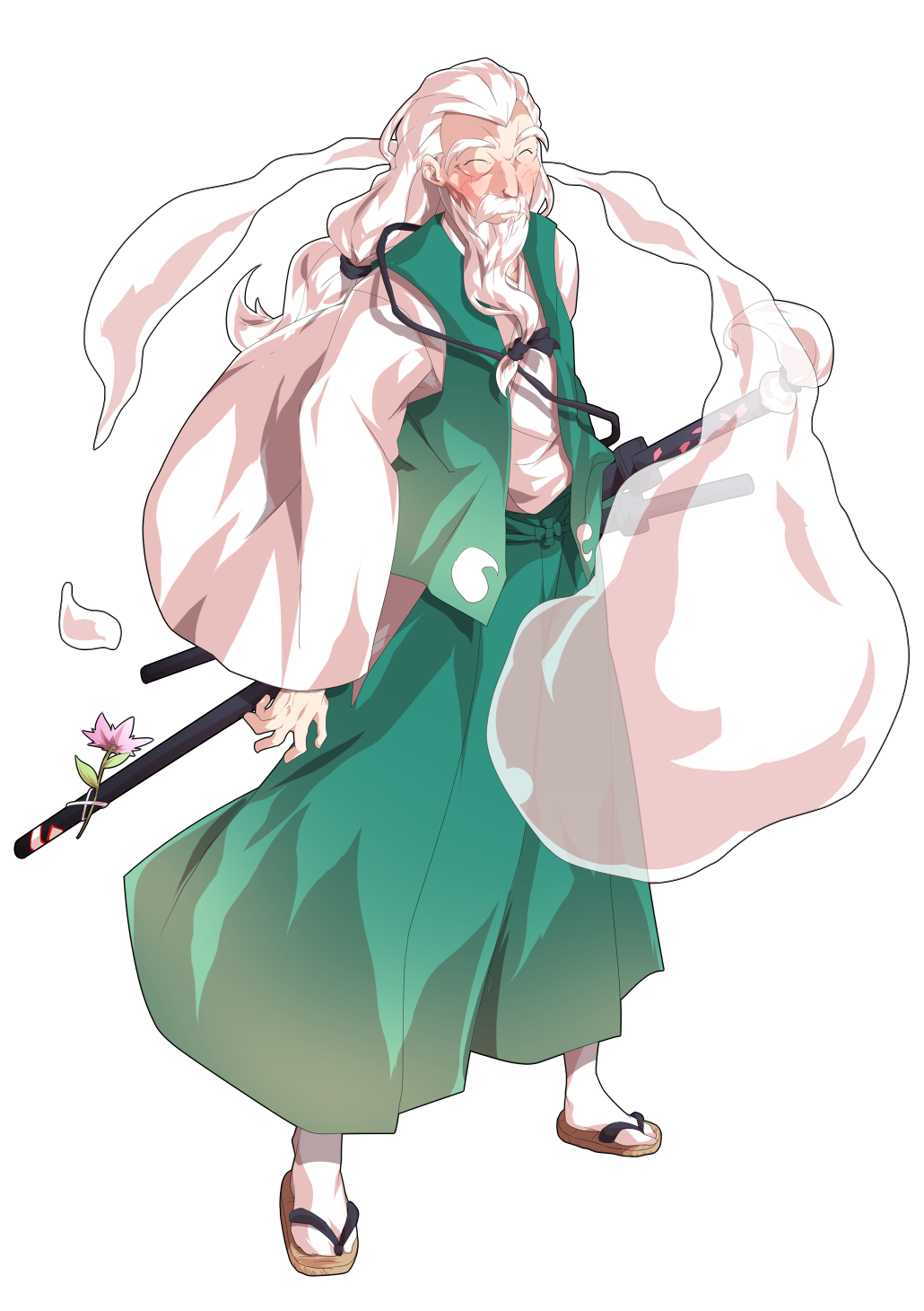 1boy alphes_(style) blush closed_eyes commentary_request dairi facial_hair flower full_body geta ghost ghost_print green_vest hakama hakama_pants highres hitodama japanese_clothes kimono konpaku_youki long_hair long_sleeves low_ponytail male_focus mustache old old_man open_clothes open_vest pants parody ponytail sandals scabbard sheath sheathed simple_background socks solo standing style_parody sword tabi tachi-e thick_eyebrows touhou transparent_background vest weapon white_hair white_socks wide_sleeves wrinkled_skin